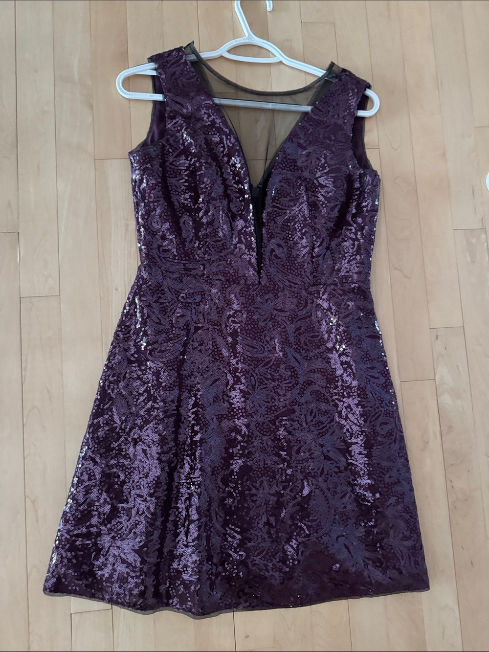 BCBGMaxAzria Plum Sequin V-Neck A-Line Dress